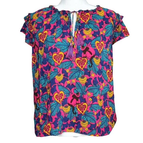 Rose + Olive Tropical Monkey Print Boho Tassel Flutter Sleeve Blouse Size L - Picture 1 of 8